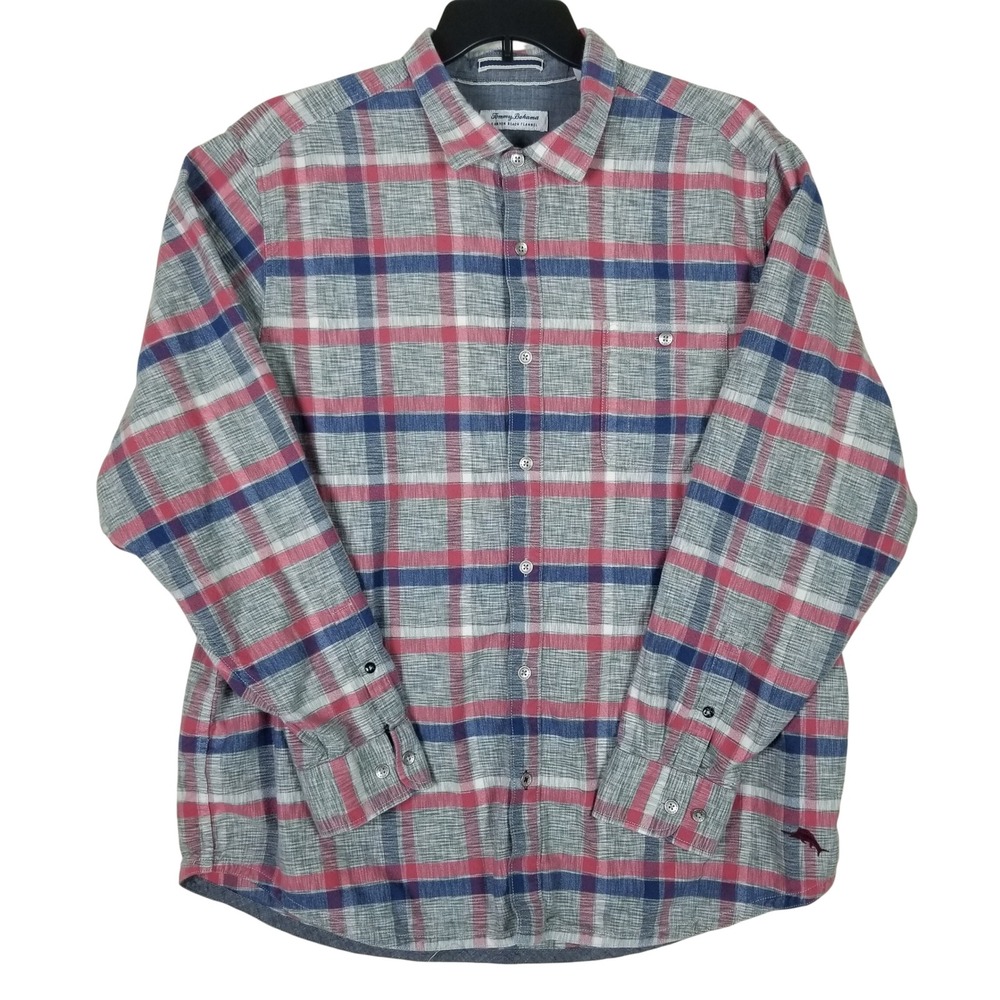 Tommy Bahama Canyon Beach Flannel Mens XXL Grey Red Blue Plaid Button Down Shirt